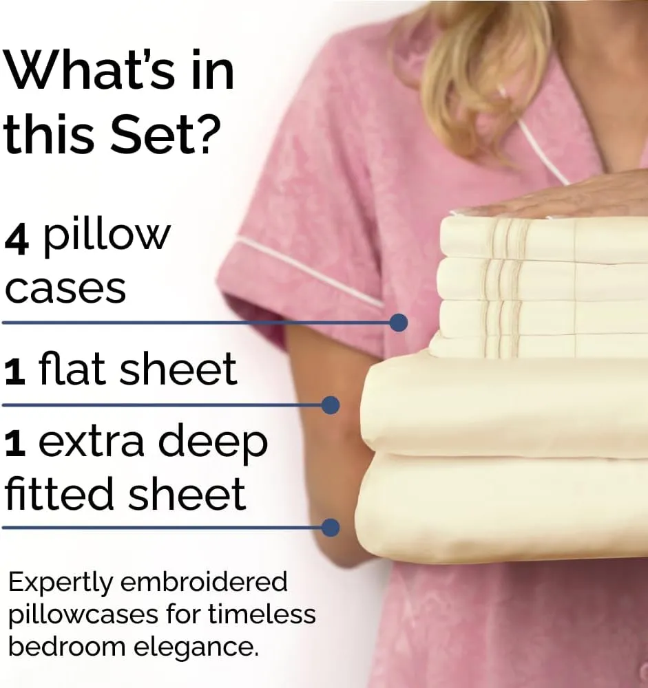 Extra Deep Queen Sheet Set - 6 Piece Breathable & Cooling Sheets - Hotel Luxury Bedding Set with 18-24 Inch Extra Deep Pockets - Easy Fit - Super Soft, Wrinkle Free and Comfy - Off White, Queen Size