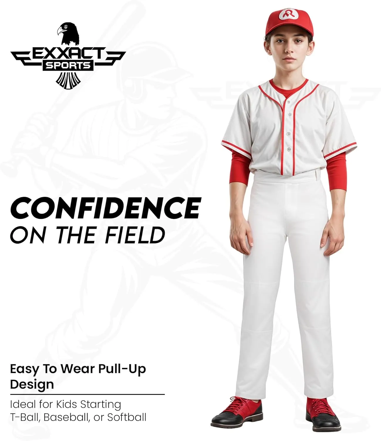 Exxact Sports Pull-Up Youth Baseball Pants with Adjustable Drawstring, Full-Length, No-Fly, Open Bottom Boys Baseball Pants