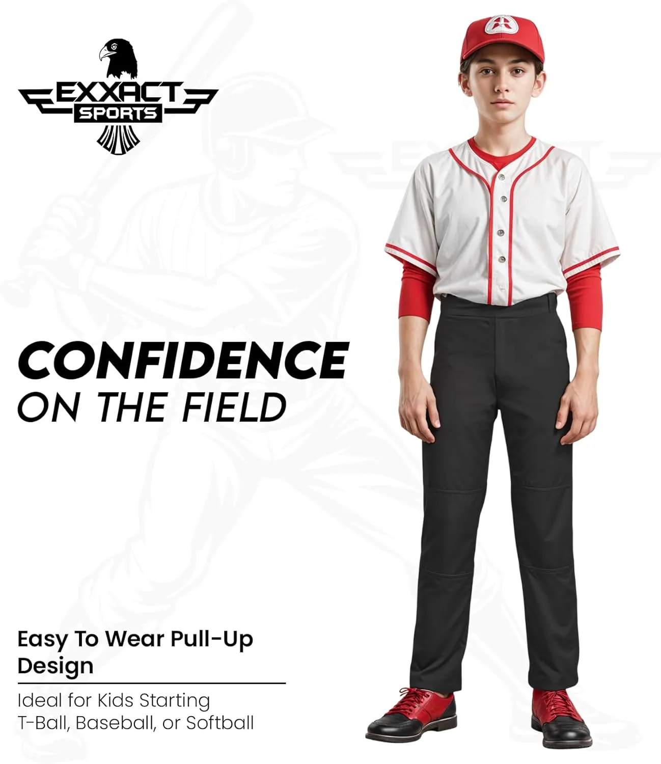 Exxact Sports Pull-Up Youth Baseball Pants with Adjustable Drawstring, Full-Length, No-Fly, Open Bottom Boys Baseball Pants