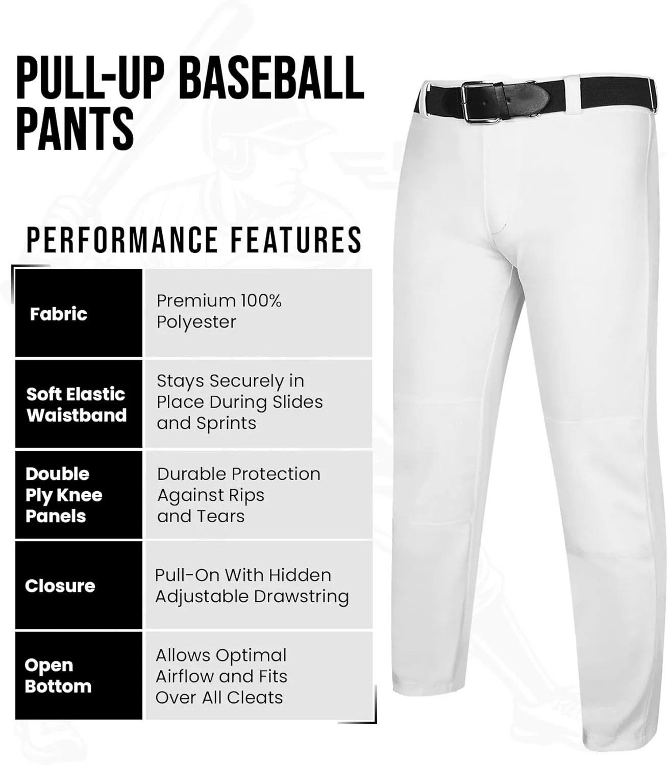 Exxact Sports Pull-Up Youth Baseball Pants with Adjustable Drawstring, Full-Length, No-Fly, Open Bottom Boys Baseball Pants