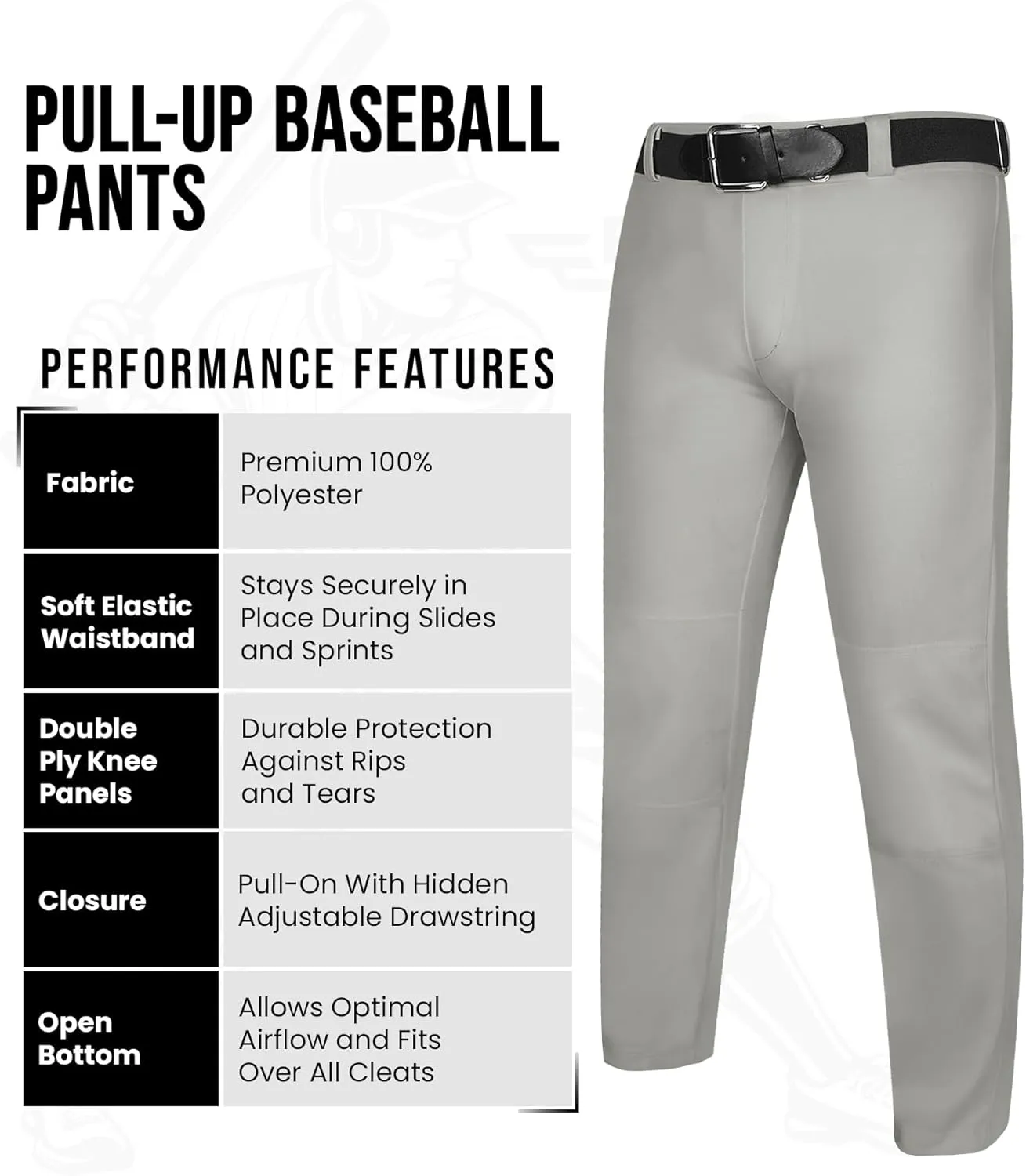 Exxact Sports Pull-Up Youth Baseball Pants with Adjustable Drawstring, Full-Length, No-Fly, Open Bottom Boys Baseball Pants