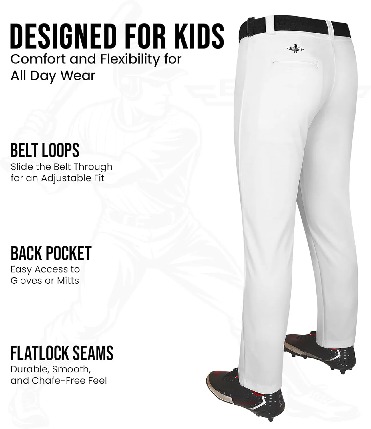 Exxact Sports Pull-Up Youth Baseball Pants with Adjustable Drawstring, Full-Length, No-Fly, Open Bottom Boys Baseball Pants
