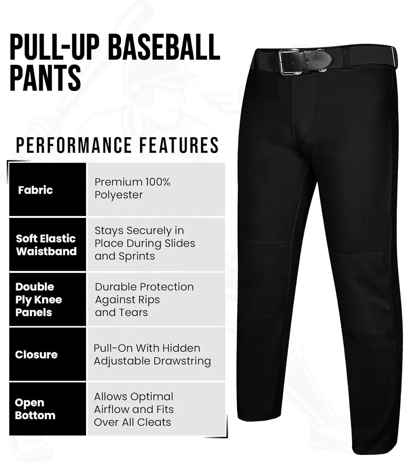 Exxact Sports Pull-Up Youth Baseball Pants with Adjustable Drawstring, Full-Length, No-Fly, Open Bottom Boys Baseball Pants