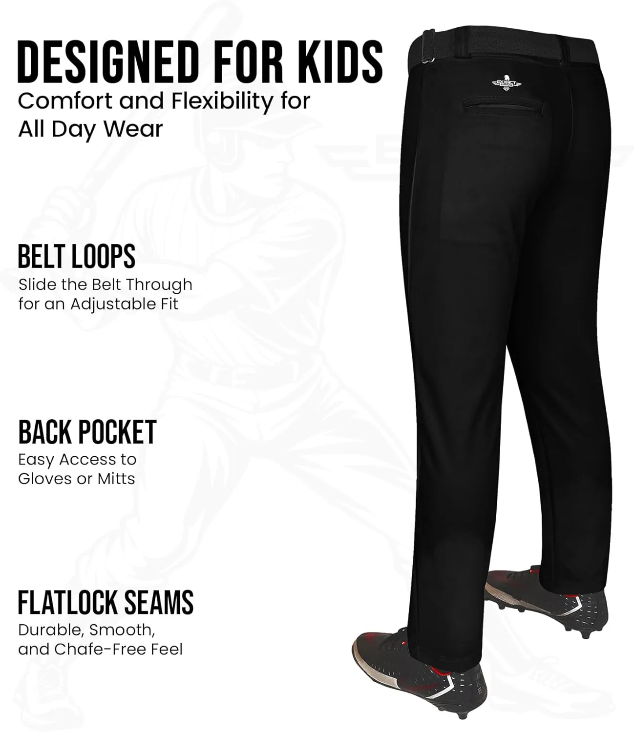 Exxact Sports Pull-Up Youth Baseball Pants with Adjustable Drawstring, Full-Length, No-Fly, Open Bottom Boys Baseball Pants