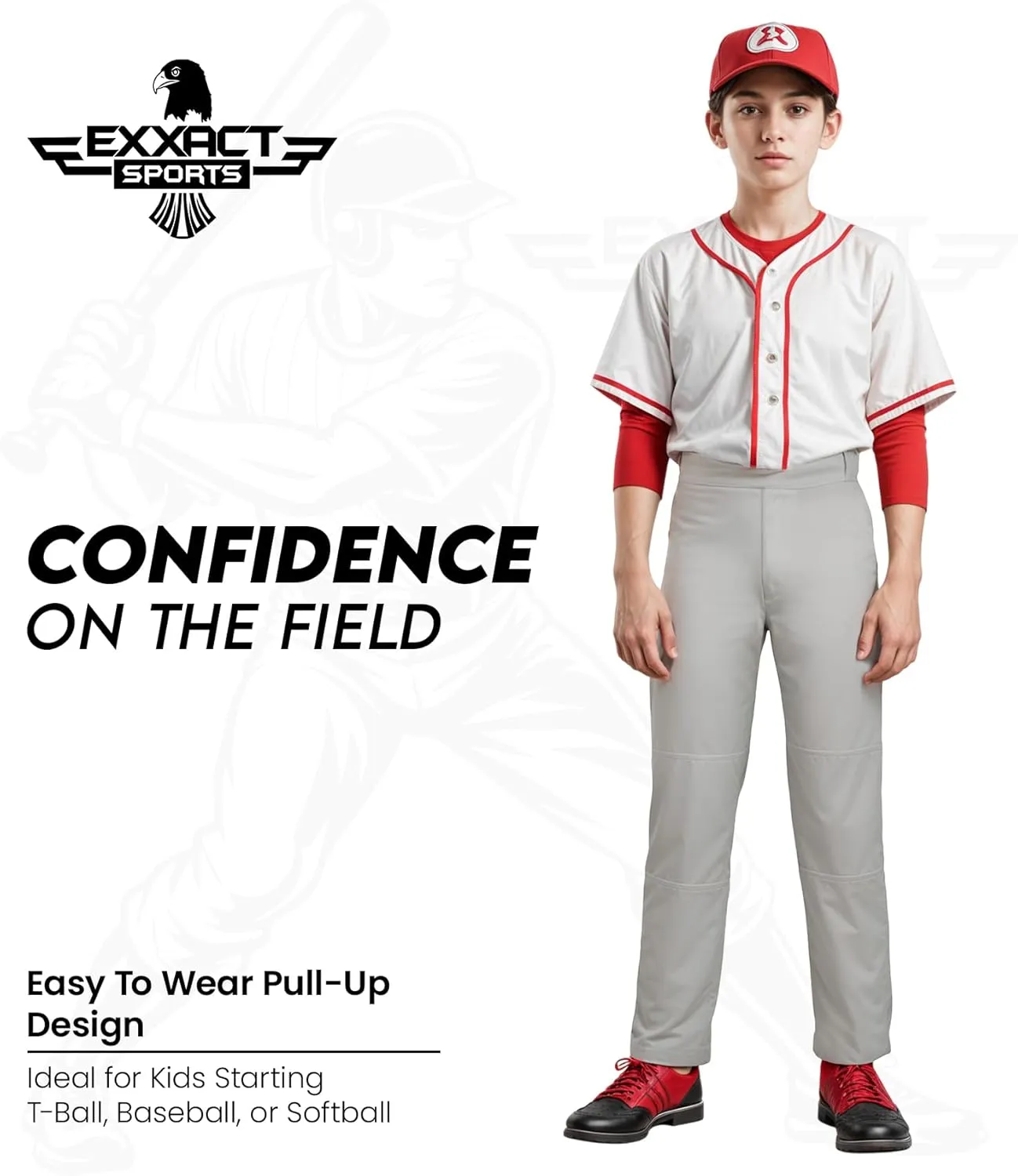 Exxact Sports Pull-Up Youth Baseball Pants with Adjustable Drawstring, Full-Length, No-Fly, Open Bottom Boys Baseball Pants