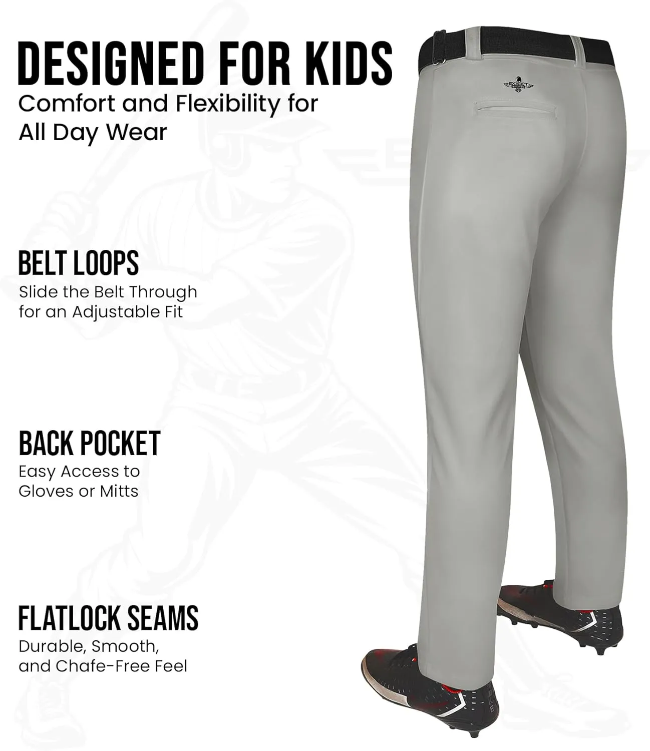 Exxact Sports Pull-Up Youth Baseball Pants with Adjustable Drawstring, Full-Length, No-Fly, Open Bottom Boys Baseball Pants