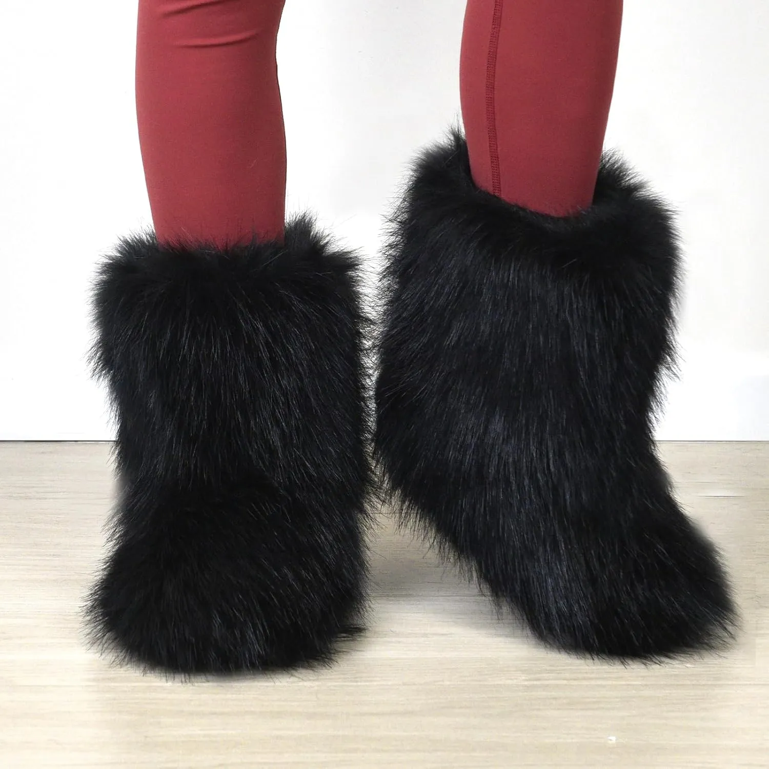 Fashion Fur Boots,Flat Heel Comfy Plush Warm Snow Booties,2025 Winter Outdoors Furry Boots,Mid-Calf Faux fur Boot for Women.