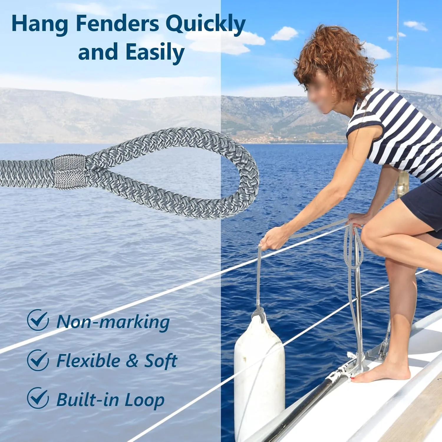 Fender Lines 6' x 3/8" Double Braided Boat Fender Lines 4 Pack, Boat Bumper Rope/Boat Fender Rope 9 Colors Boat Ropes for Docking with 5'' Eyelet Premium Dock Lines for Boats - Grey