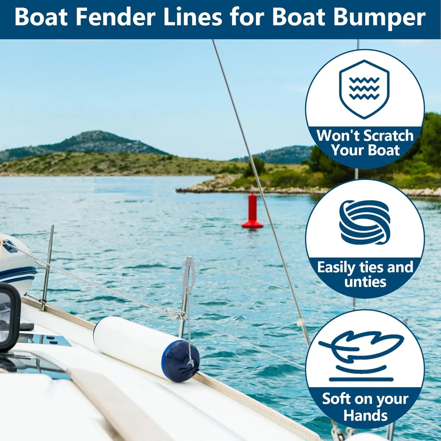 Fender Lines 6' x 3/8" Double Braided Boat Fender Lines 4 Pack, Boat Bumper Rope/Boat Fender Rope 9 Colors Boat Ropes for Docking with 5'' Eyelet Premium Dock Lines for Boats - Grey