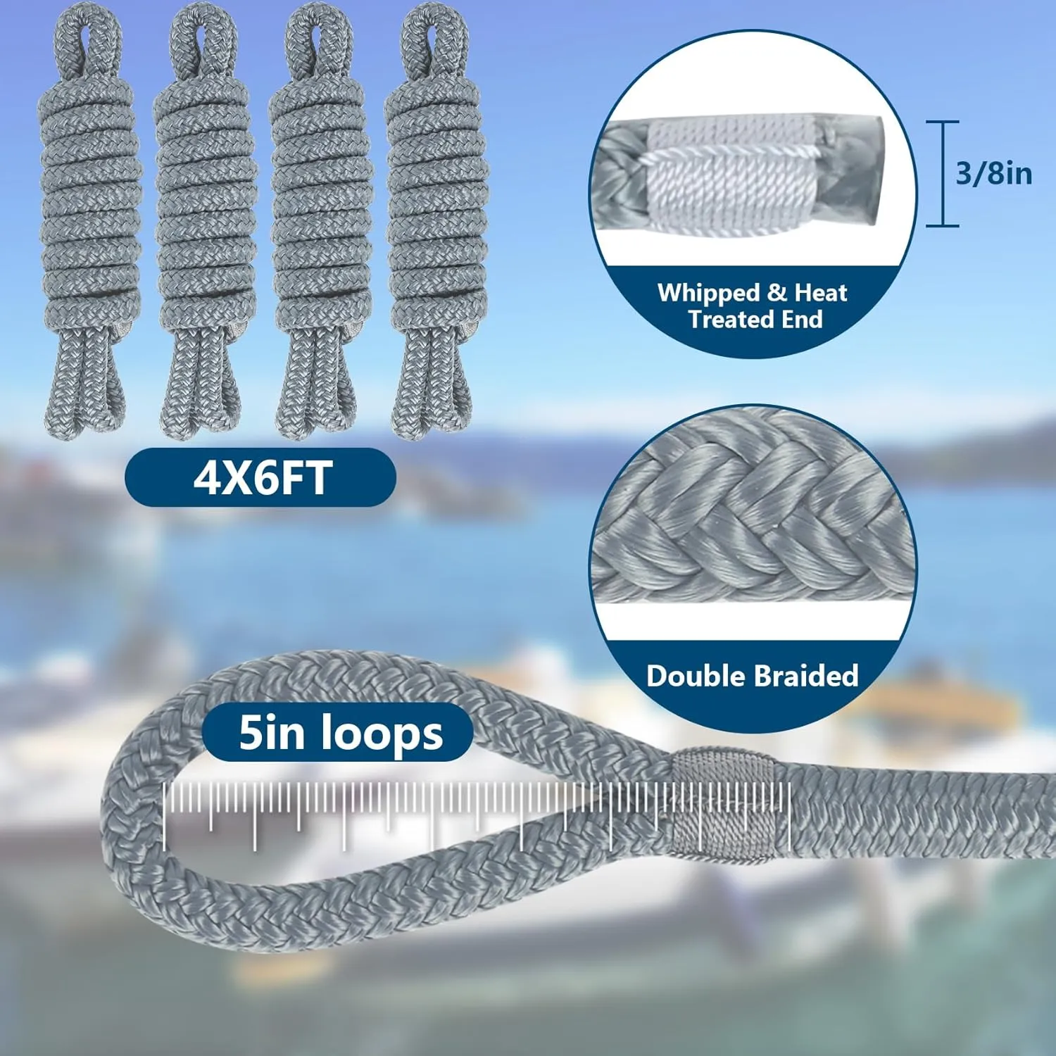 Fender Lines 6' x 3/8" Double Braided Boat Fender Lines 4 Pack, Boat Bumper Rope/Boat Fender Rope 9 Colors Boat Ropes for Docking with 5'' Eyelet Premium Dock Lines for Boats - Grey
