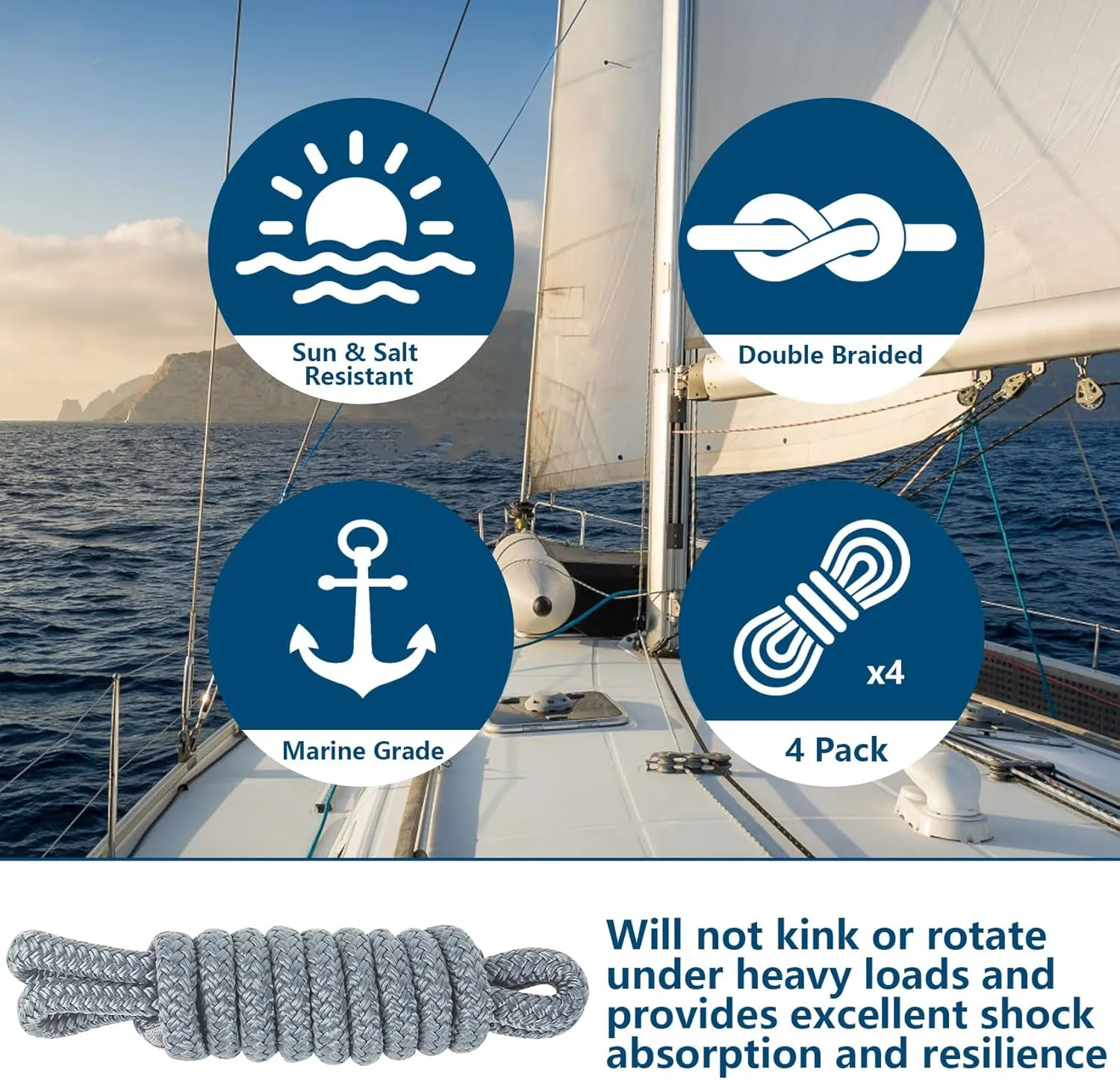 Fender Lines 6' x 3/8" Double Braided Boat Fender Lines 4 Pack, Boat Bumper Rope/Boat Fender Rope 9 Colors Boat Ropes for Docking with 5'' Eyelet Premium Dock Lines for Boats - Grey