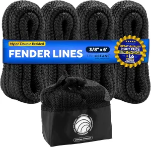 Five Oceans 3/8" x 6' Boat Fender Lines with 5" Eyelet, Boat Ropes for Docking with Loop, Marine-Grade Black Premium Nylon Double Braided Boat Rope, (Pack of 4) - FO4698