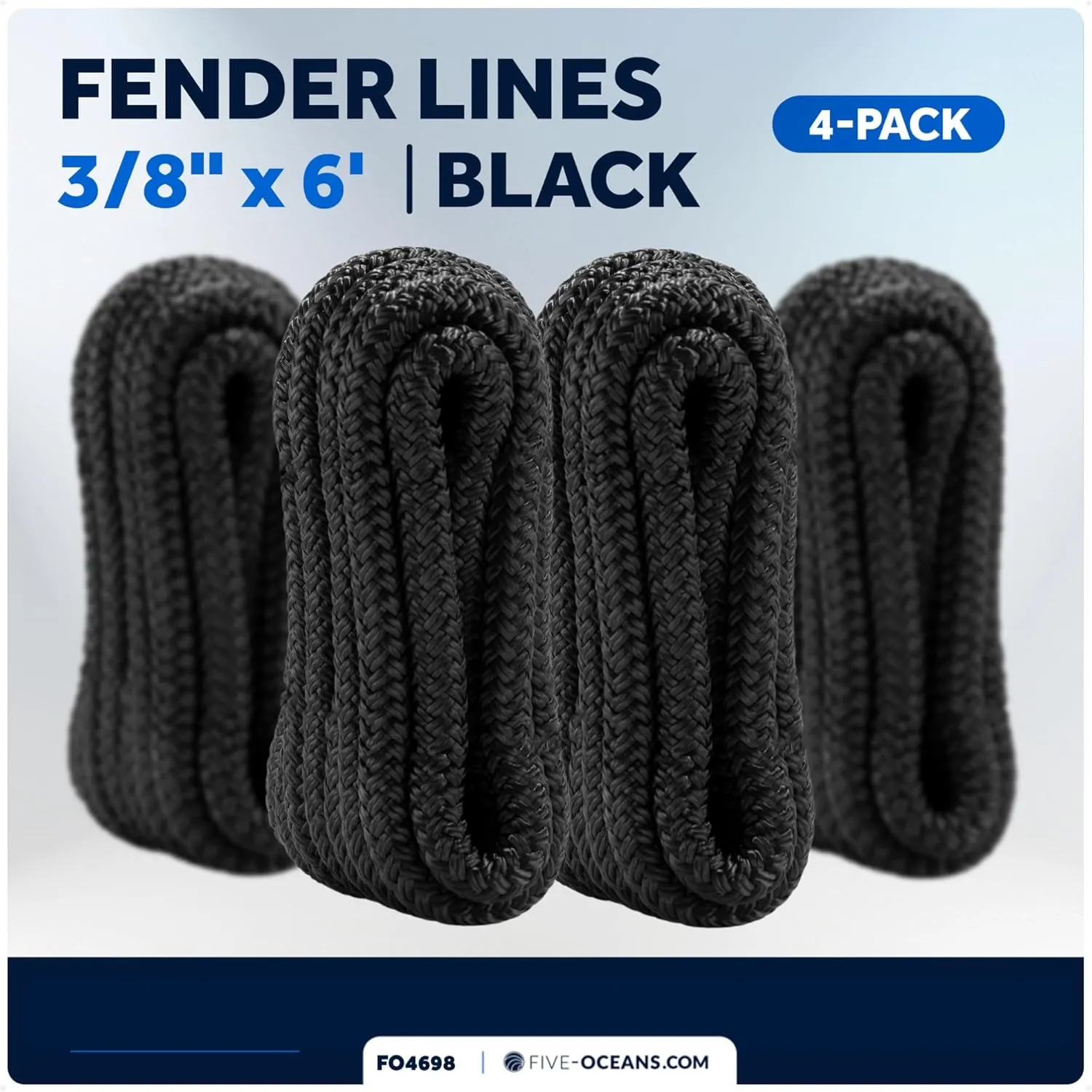 Five Oceans 3/8" x 6' Boat Fender Lines with 5" Eyelet, Boat Ropes for Docking with Loop, Marine-Grade Black Premium Nylon Double Braided Boat Rope, (Pack of 4) - FO4698
