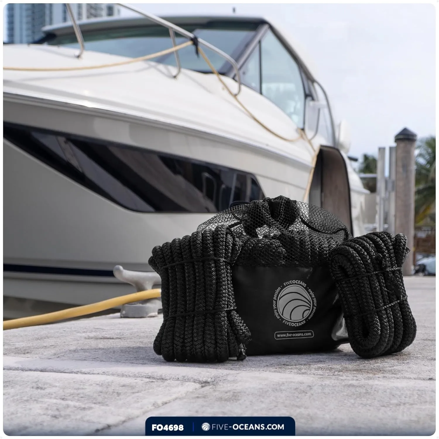 Five Oceans 3/8" x 6' Boat Fender Lines with 5" Eyelet, Boat Ropes for Docking with Loop, Marine-Grade Black Premium Nylon Double Braided Boat Rope, (Pack of 4) - FO4698