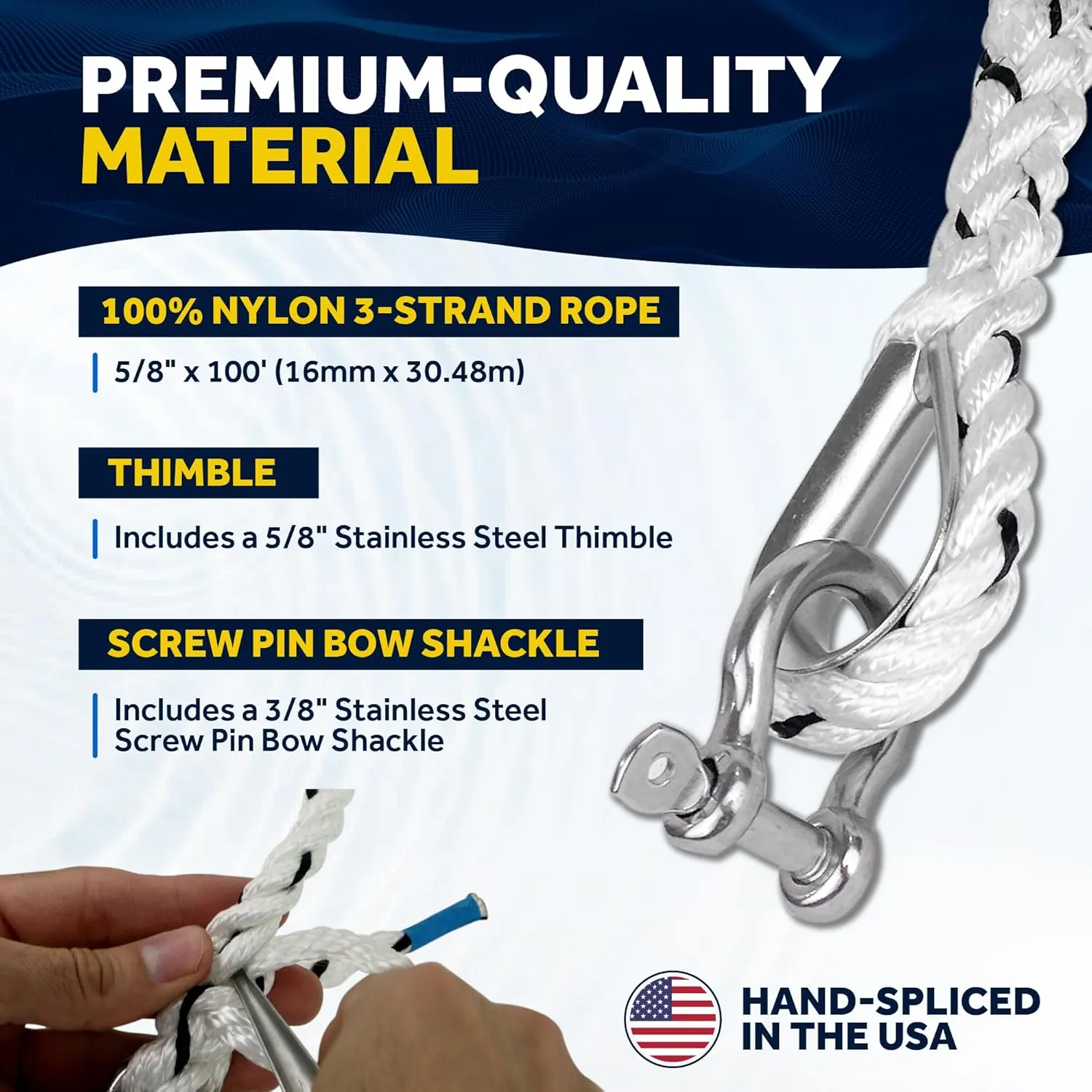 Five Oceans Anchor Line 5/8" x 100', Anchor Rope Line, Marine Premium 3-Strand White Nylon Boat Anchor Rope - Stainless Steel Thimble and Shackle, Ideal for Mooring Anchoring Towing - FO4488-C100