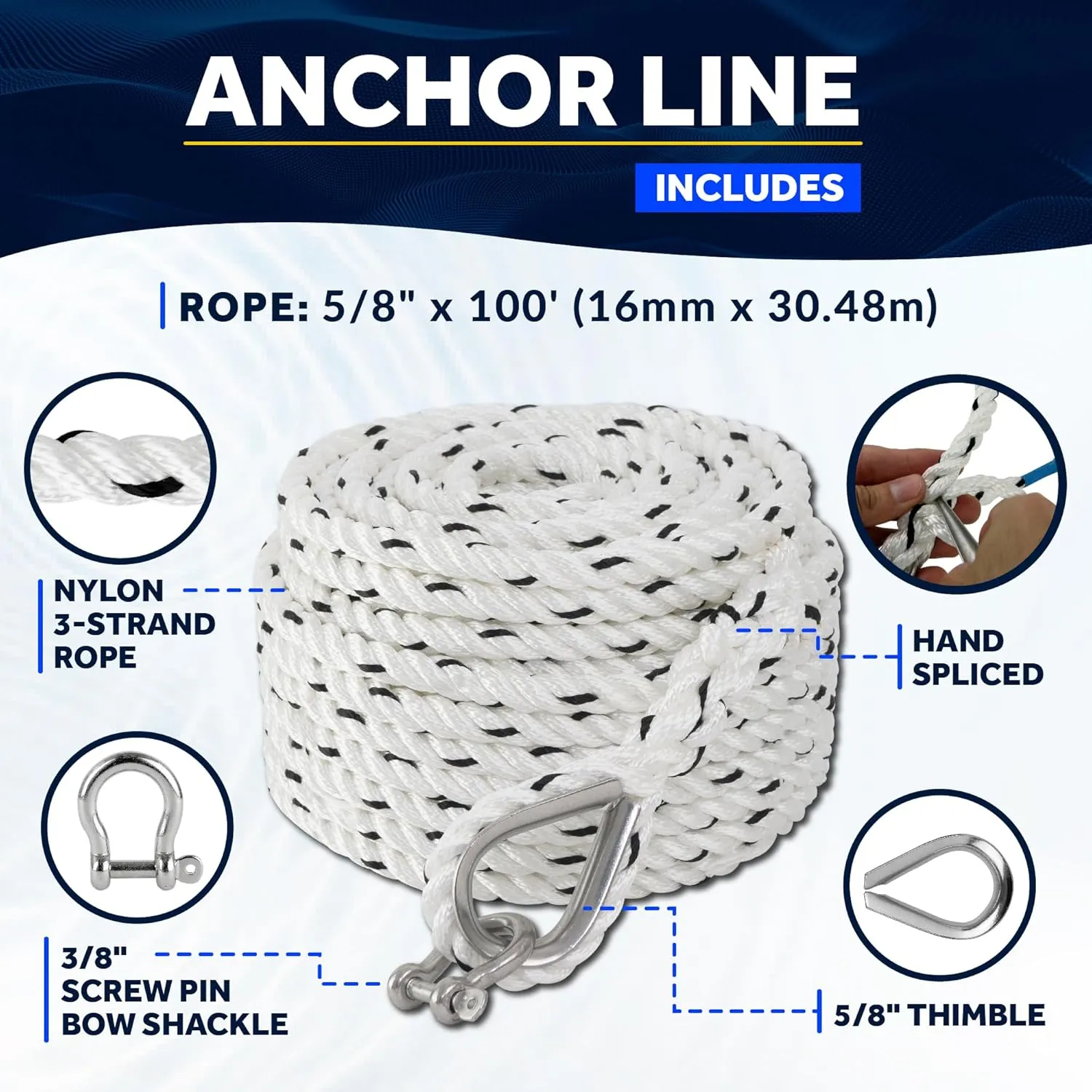 Five Oceans Anchor Line 5/8" x 100', Anchor Rope Line, Marine Premium 3-Strand White Nylon Boat Anchor Rope - Stainless Steel Thimble and Shackle, Ideal for Mooring Anchoring Towing - FO4488-C100