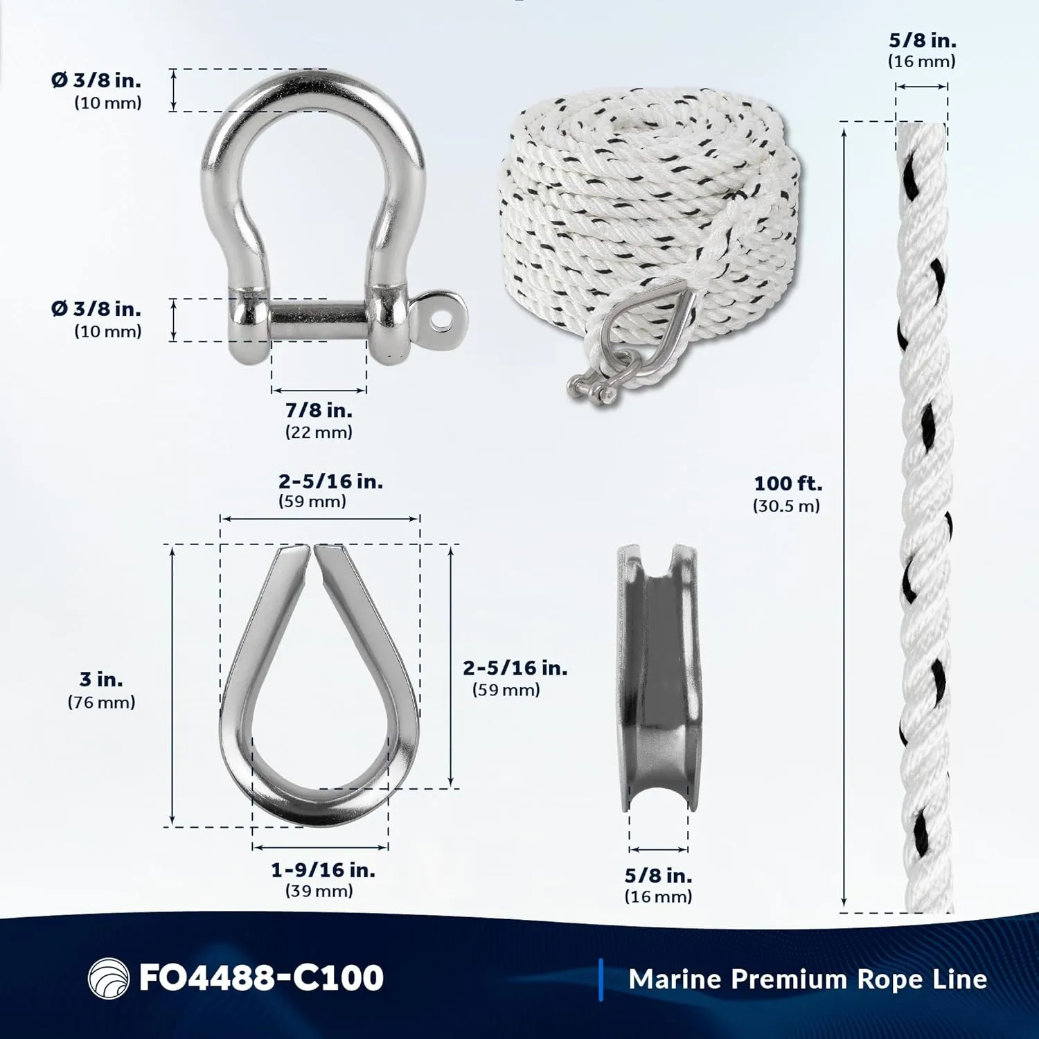 Five Oceans Anchor Line 5/8" x 100', Anchor Rope Line, Marine Premium 3-Strand White Nylon Boat Anchor Rope - Stainless Steel Thimble and Shackle, Ideal for Mooring Anchoring Towing - FO4488-C100
