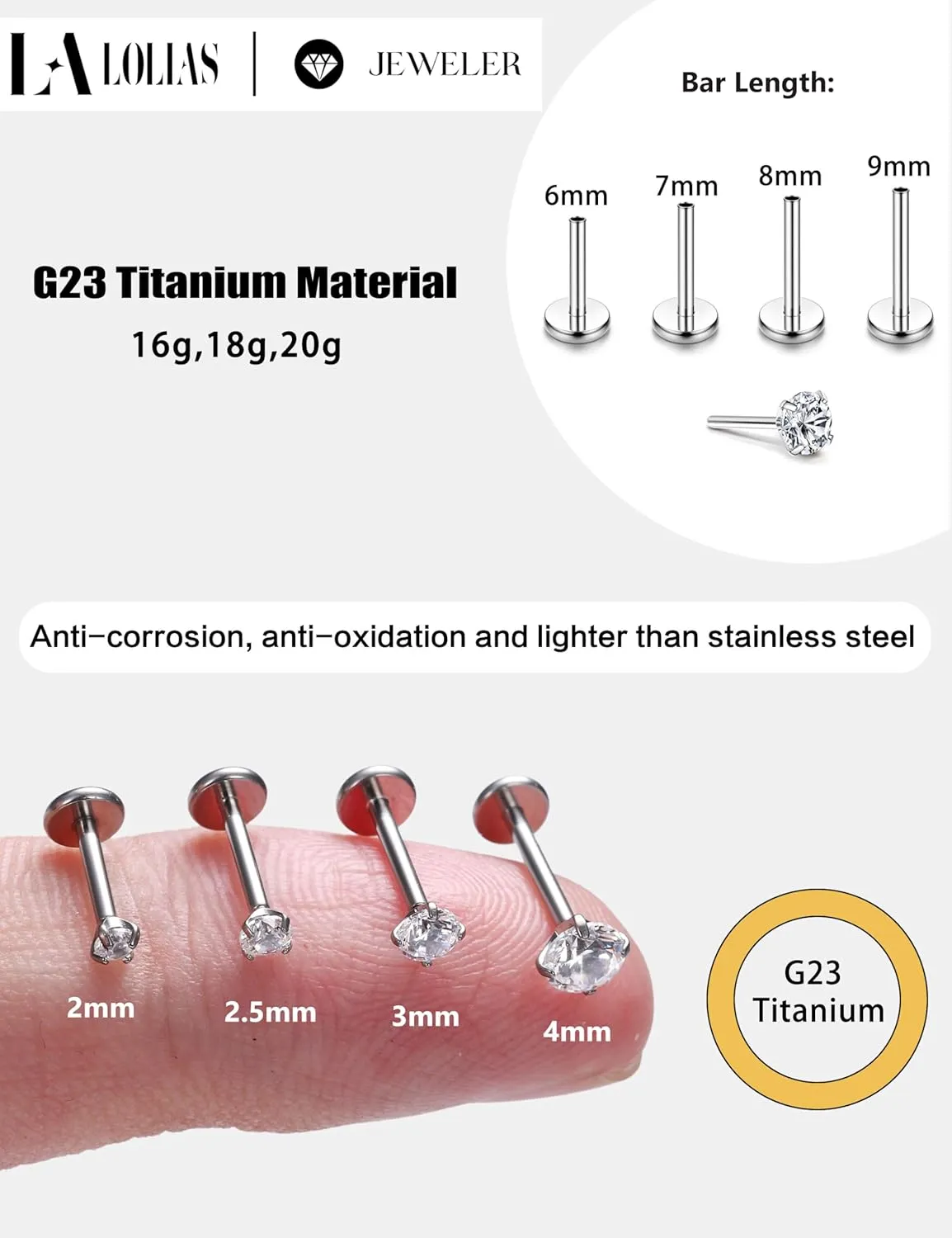 Flat Back Earrings Stud G23 Titanium Threadless Piercing Kit - Cartilage Earrings for Women Men - Hypoallergenic Tragus | Conch | Rook | Daith | Medusa | Lip | Labret | Nose Piercings Jewelry