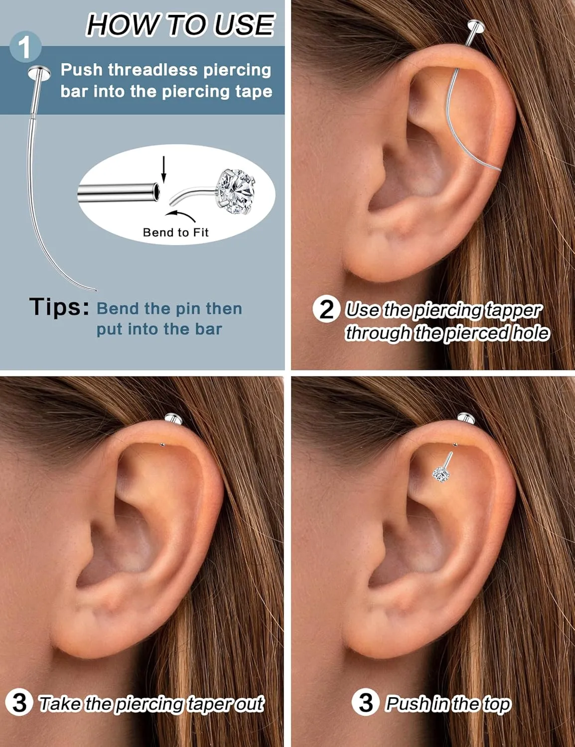 Flat Back Earrings Stud G23 Titanium Threadless Piercing Kit - Cartilage Earrings for Women Men - Hypoallergenic Tragus | Conch | Rook | Daith | Medusa | Lip | Labret | Nose Piercings Jewelry