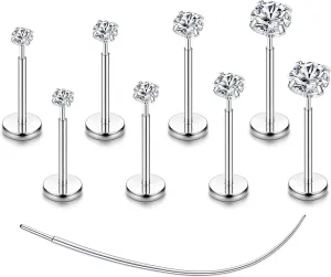 Flat Back Earrings Stud G23 Titanium Threadless Piercing Kit - Cartilage Earrings for Women Men - Hypoallergenic Tragus | Conch | Rook | Daith | Medusa | Lip | Labret | Nose Piercings Jewelry