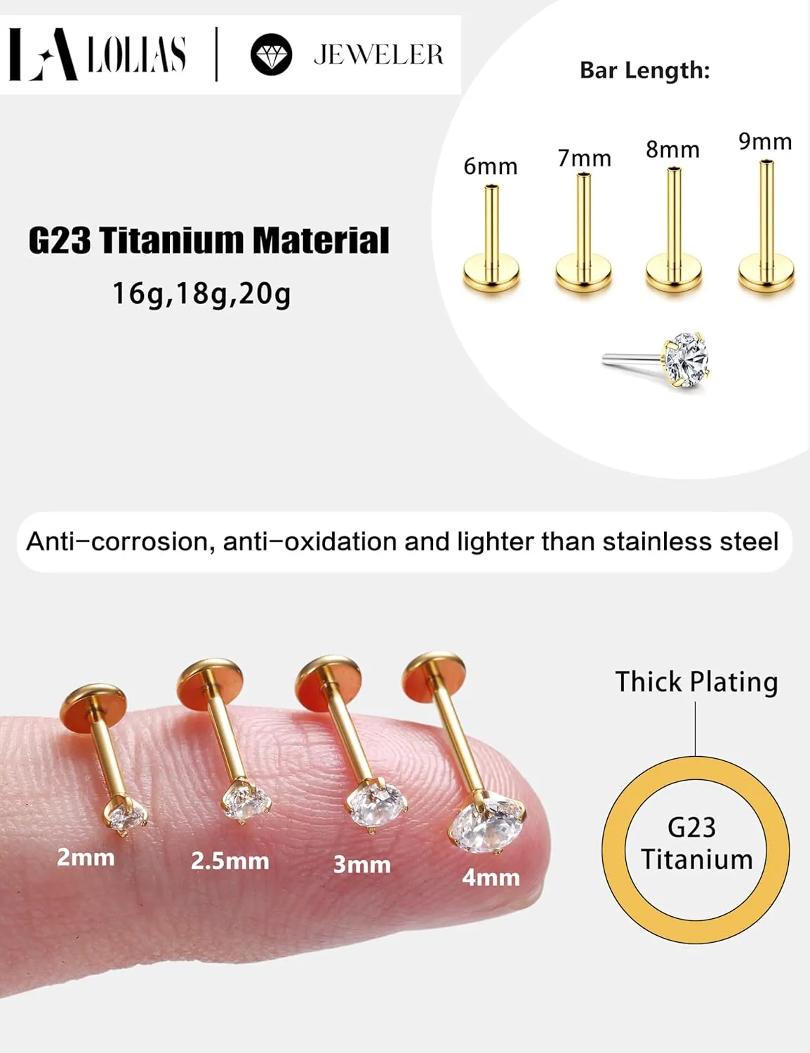 Flat Back Earrings Stud G23 Titanium Threadless Piercing Kit - Cartilage Earrings for Women Men - Hypoallergenic Tragus | Conch | Rook | Daith | Medusa | Lip | Labret | Nose Piercings Jewelry
