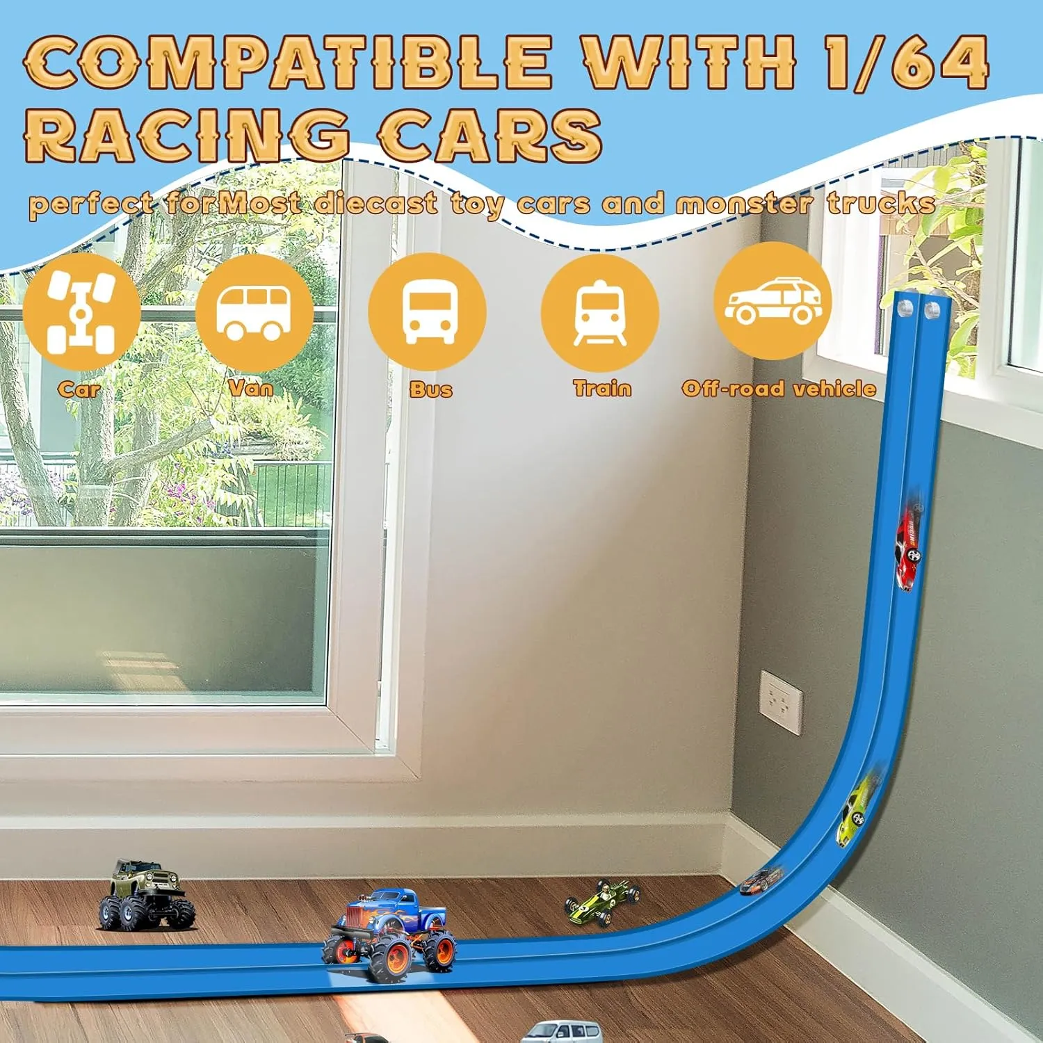 Flex Track 15 Ft Starter Set, Flexible Race Car Ramp Track for Ages 3 & Up with Suction Cups Compatible with Hot Wheels and Diecast 1/64th Cars