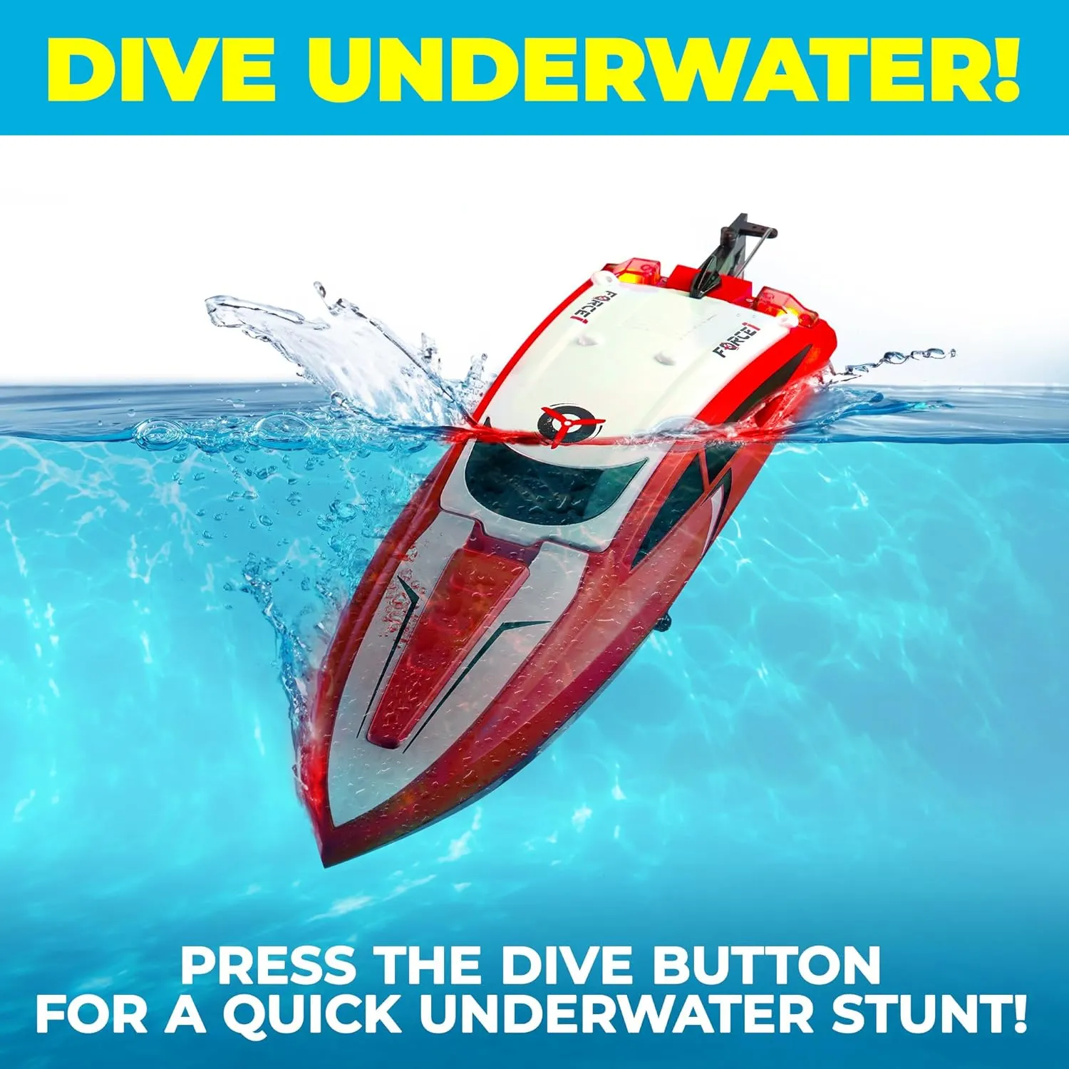 Force1 Velocity Red Fast RC Boat- Remote Control Boats for Adults and Kids, Underwater Speed Racing Mini RC Toy for Pools and Lakes, 2.4GHZ Transmitter, 2 Rechargeable Batteries, Low Battery Alert