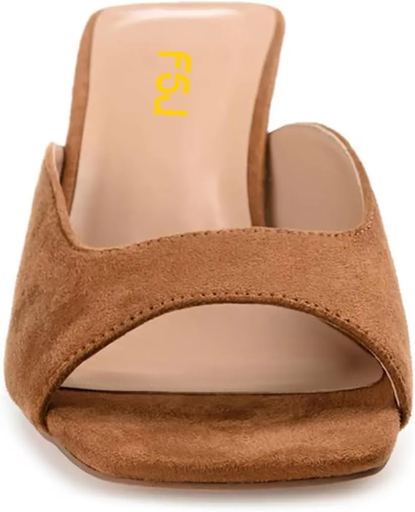 FSJ Women Square Open Toe Block Crystal Low Heel Mule Sandals Backless Slip On Jeweled Slide Heels Comfort Casual Slipper Dress Shoes Size 4-16 US