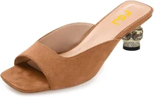 FSJ Women Square Open Toe Block Crystal Low Heel Mule Sandals Backless Slip On Jeweled Slide Heels Comfort Casual Slipper Dress Shoes Size 4-16 US