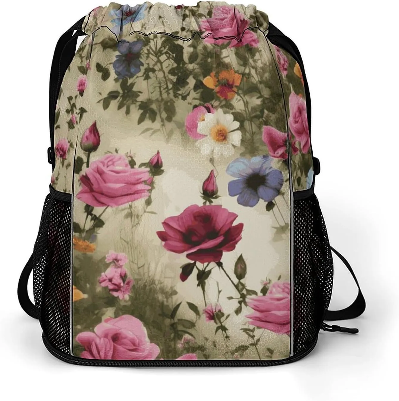Garden Blooming Wildflowers Drawstring Backpack Bags Gym Backpack with Shoe Compartment for Women Men Cinch Sack Sports Backpack with Mesh Pockets