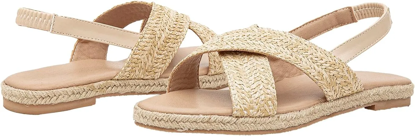 GATUXUS Women's Braided Flats Sandals Slingback Open Toe Platform Espadrille Sandals Beach Outdoor Shoes Summer