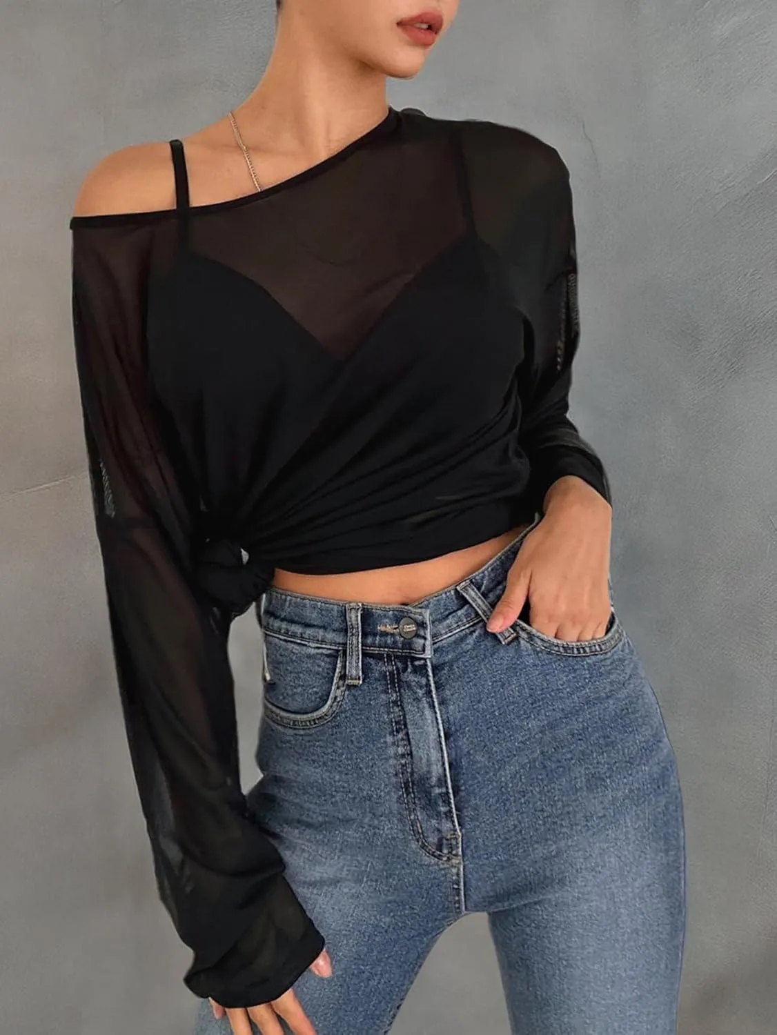 GORGLITTER Women's Mesh Long Sleeve Tops Sexy See Through Sheer Top Oversized Boat Neck T Shirts