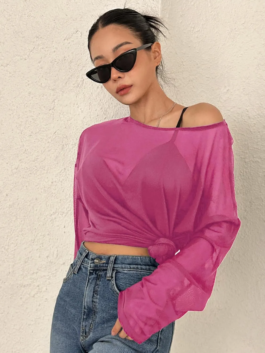 GORGLITTER Women's Mesh Long Sleeve Tops Sexy See Through Sheer Top Oversized Boat Neck T Shirts