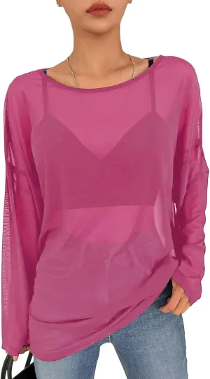 GORGLITTER Women's Mesh Long Sleeve Tops Sexy See Through Sheer Top Oversized Boat Neck T Shirts