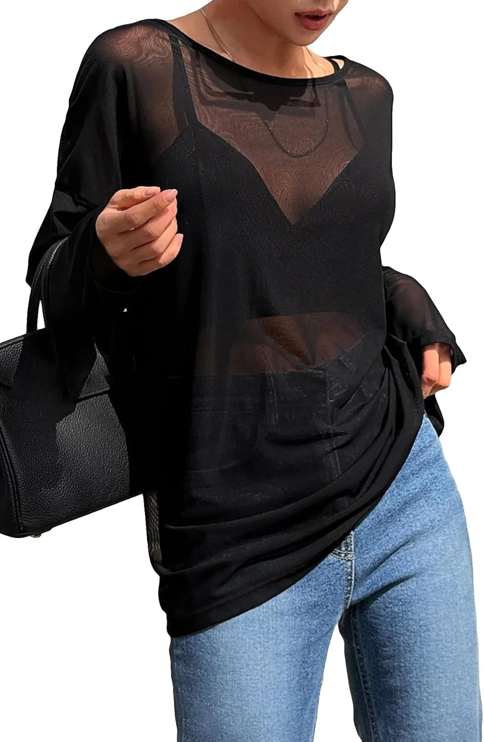 GORGLITTER Women's Mesh Long Sleeve Tops Sexy See Through Sheer Top Oversized Boat Neck T Shirts