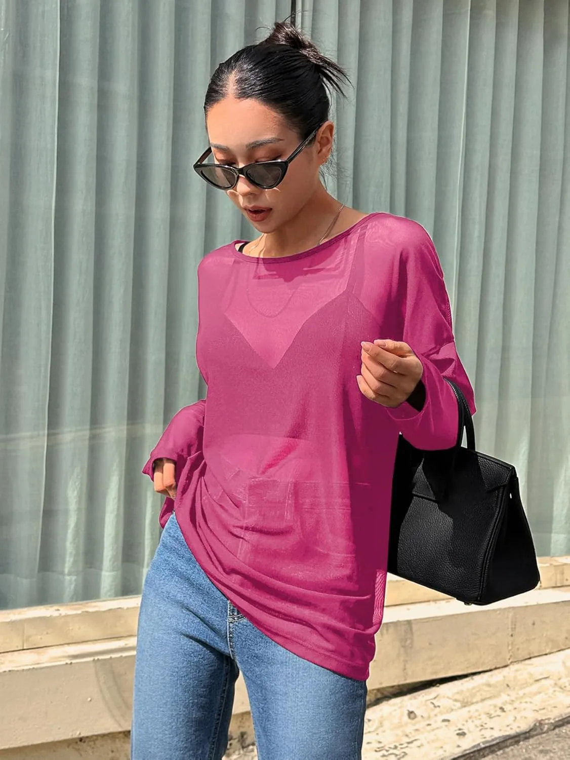 GORGLITTER Women's Mesh Long Sleeve Tops Sexy See Through Sheer Top Oversized Boat Neck T Shirts
