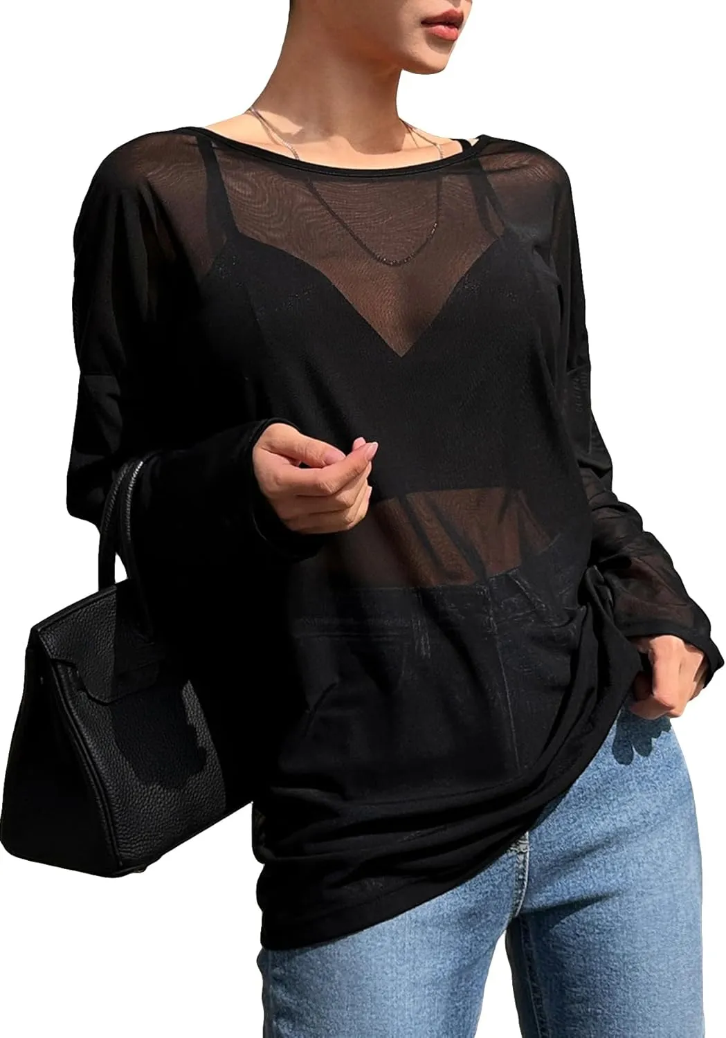 GORGLITTER Women's Mesh Long Sleeve Tops Sexy See Through Sheer Top Oversized Boat Neck T Shirts