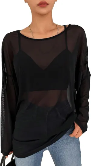 GORGLITTER Women's Mesh Long Sleeve Tops Sexy See Through Sheer Top Oversized Boat Neck T Shirts