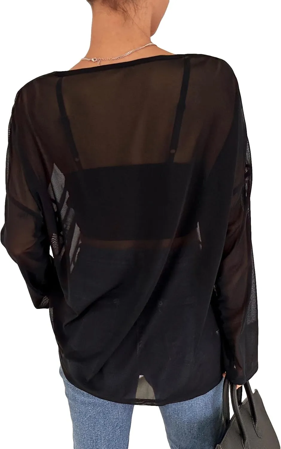 GORGLITTER Women's Mesh Long Sleeve Tops Sexy See Through Sheer Top Oversized Boat Neck T Shirts