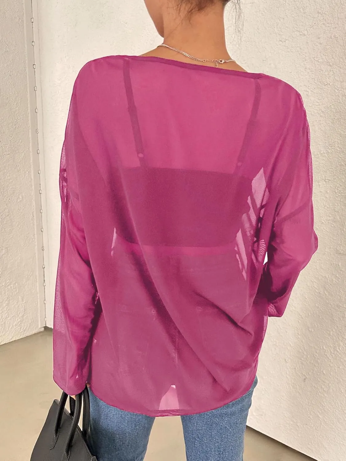 GORGLITTER Women's Mesh Long Sleeve Tops Sexy See Through Sheer Top Oversized Boat Neck T Shirts
