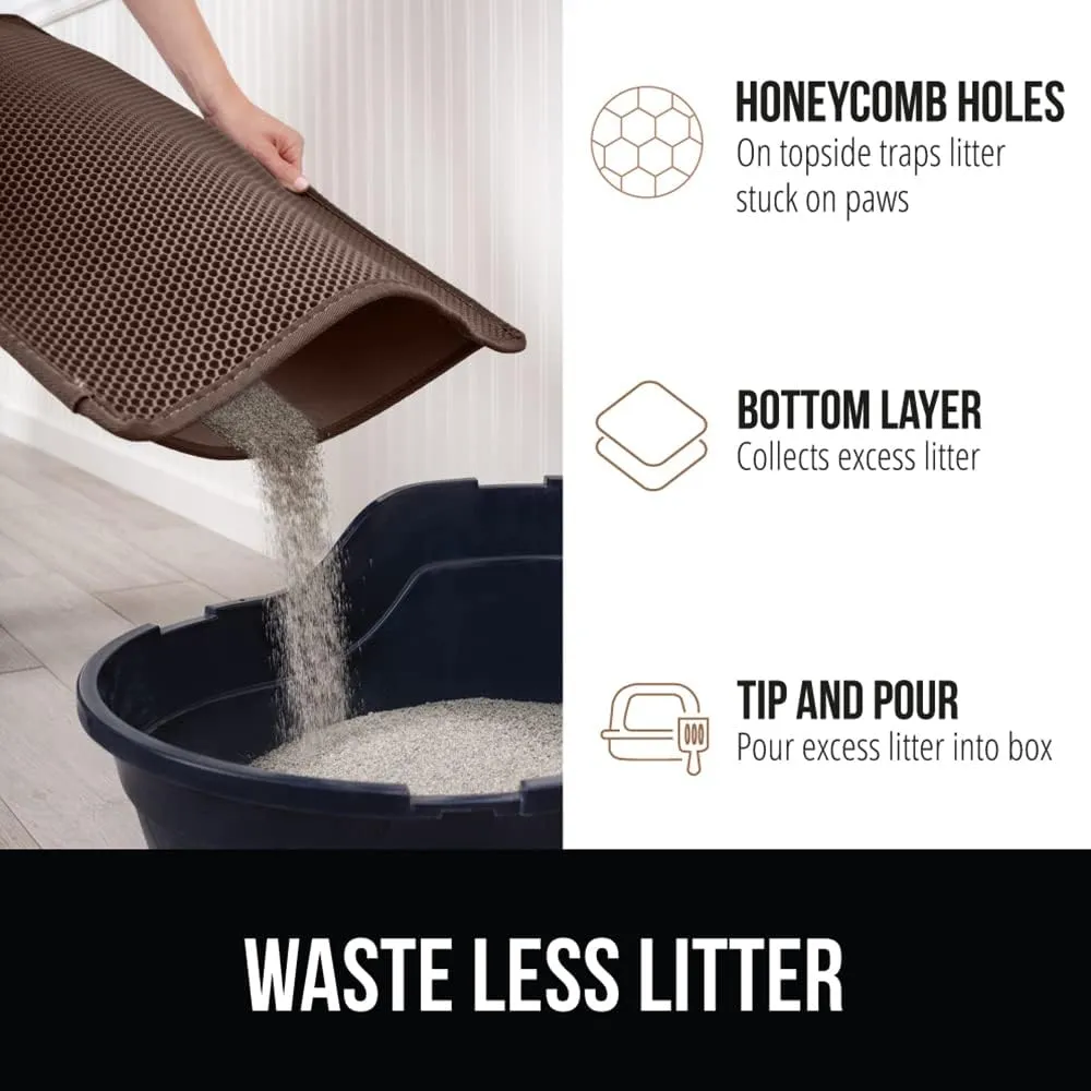 GORILLA GRIP Honeycomb Cat Litter Mat 35x24, Two Layer Trapping Waste Mats, Soft On Paws, Indoor Box Supplies and Essentials, Feeding Trap, Water Resistant on Floors, Brown