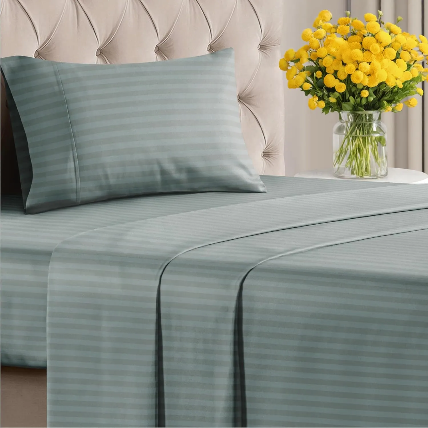 Green Striped Sheets – 3 Piece Twin Set with 1 Flat & 1 Fitted Sheet & 1 Pillowcase w/ Deep Pockets – Cozy, Wrinkle & Fade Resistant - Ultra-Soft, Breathable, Cooling – Luxury Pinstripe Bed Sheets Set