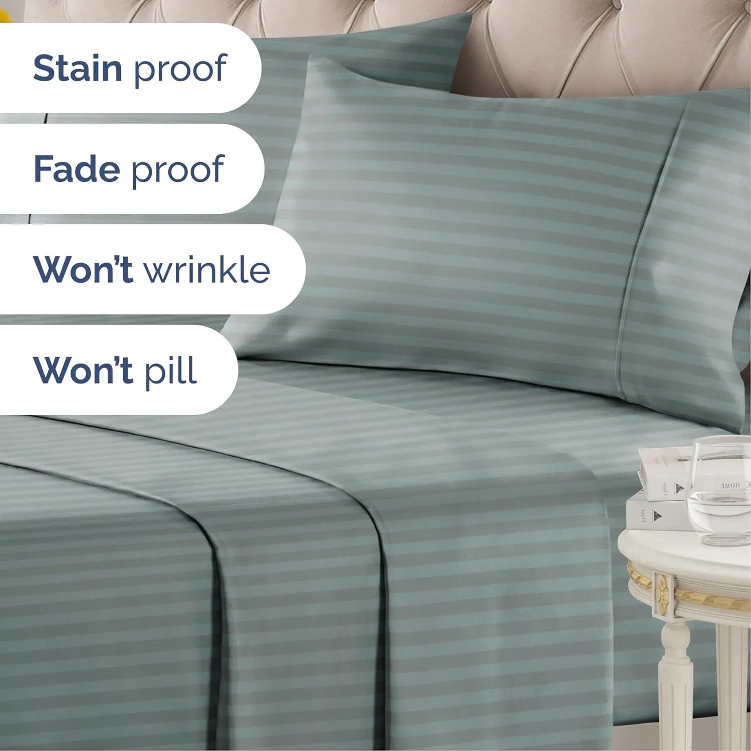 Green Striped Sheets – 3 Piece Twin Set with 1 Flat & 1 Fitted Sheet & 1 Pillowcase w/ Deep Pockets – Cozy, Wrinkle & Fade Resistant - Ultra-Soft, Breathable, Cooling – Luxury Pinstripe Bed Sheets Set