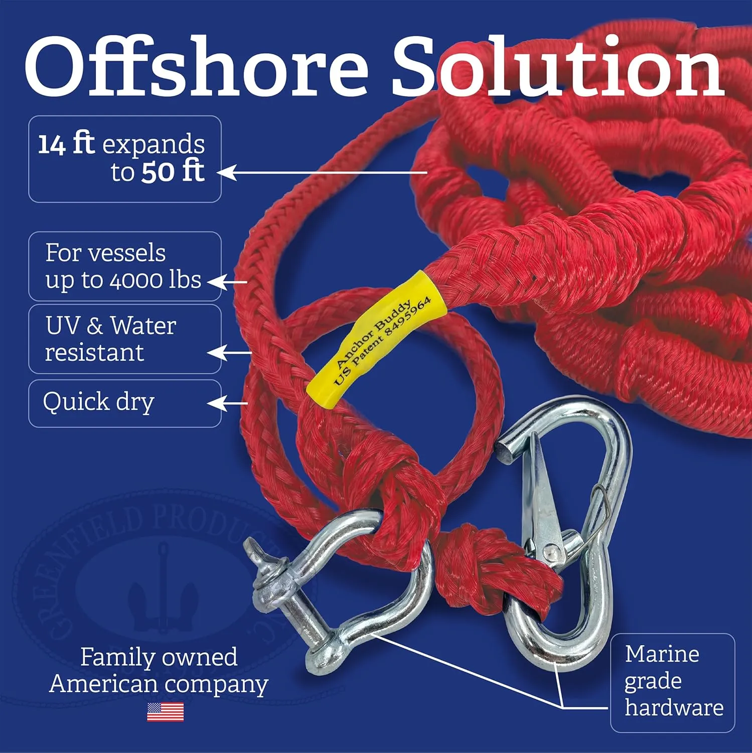 Greenfield Anchor Buddy, The Original Bungee Anchor Line for Boats. 14ft to 50ft Stretch. Elastic Anchor Rope, Bungee Anchor Line.
