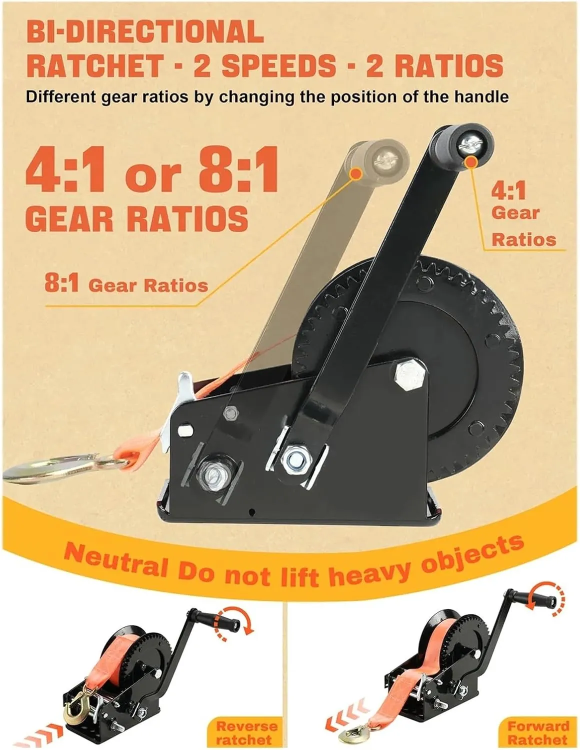 Hand Crank Winch, Heavy-Duty Manual Boat Trailer Winch with Safety Lock & Quick Release, Steel Construction W/Mounting Hardware for Marine Traile,for Trailer, Boat (Red 1)