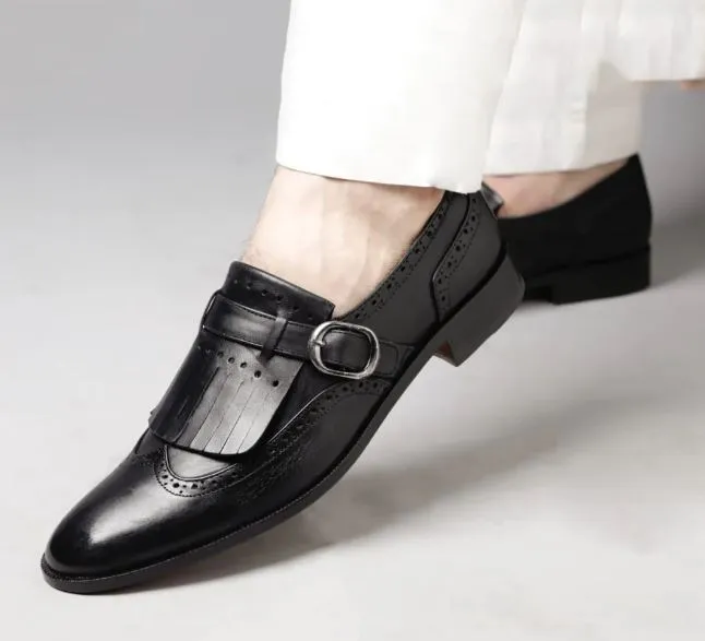 Handmade Black Leather Monk Penny Loafers for Men