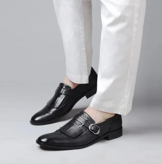 Handmade Black Leather Monk Penny Loafers for Men