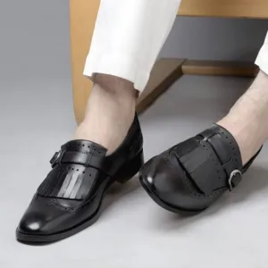 Handmade Black Leather Monk Penny Loafers for Men