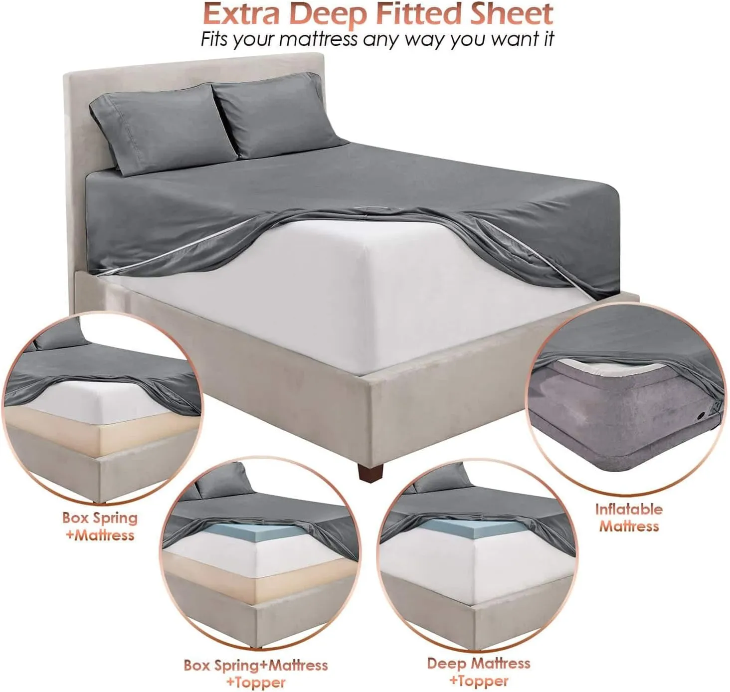 Hearth & Harbor Bed Sheets, Luxury Soft 6 Piece Bed Sheet Set Extra Deep Pocket Fitted Sheets Fits Mattress up to 21", Double Brushed Bedding Sheets & Pillowcases, Queen, Frost Gray