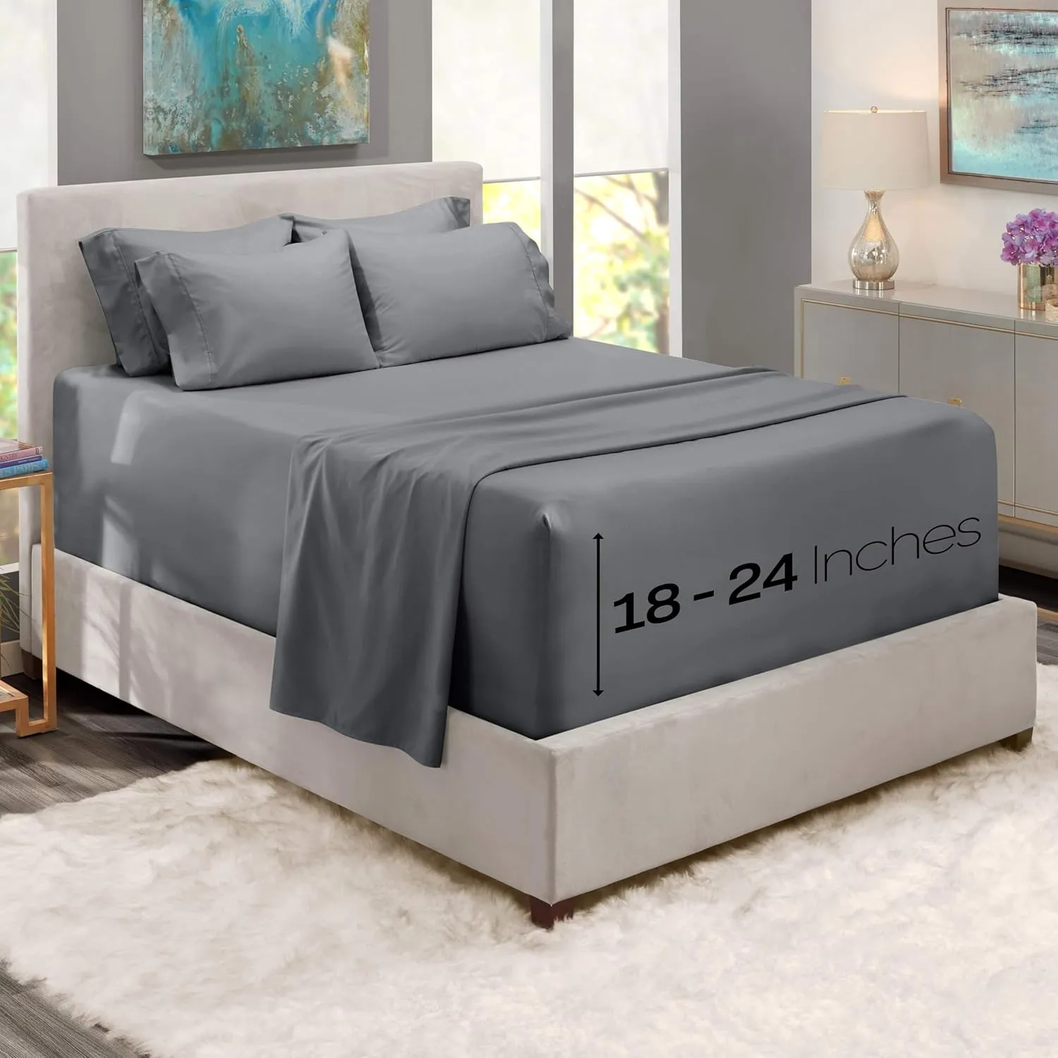 Hearth & Harbor Bed Sheets, Luxury Soft 6 Piece Bed Sheet Set Extra Deep Pocket Fitted Sheets Fits Mattress up to 21", Double Brushed Bedding Sheets & Pillowcases, Queen, Frost Gray